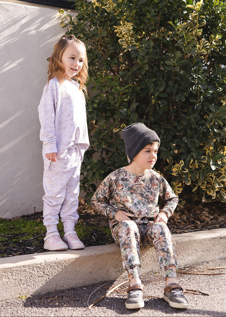 Camo and white oak outfit jogger set made from bamboo french terry for toddlers and little boys and girls.
