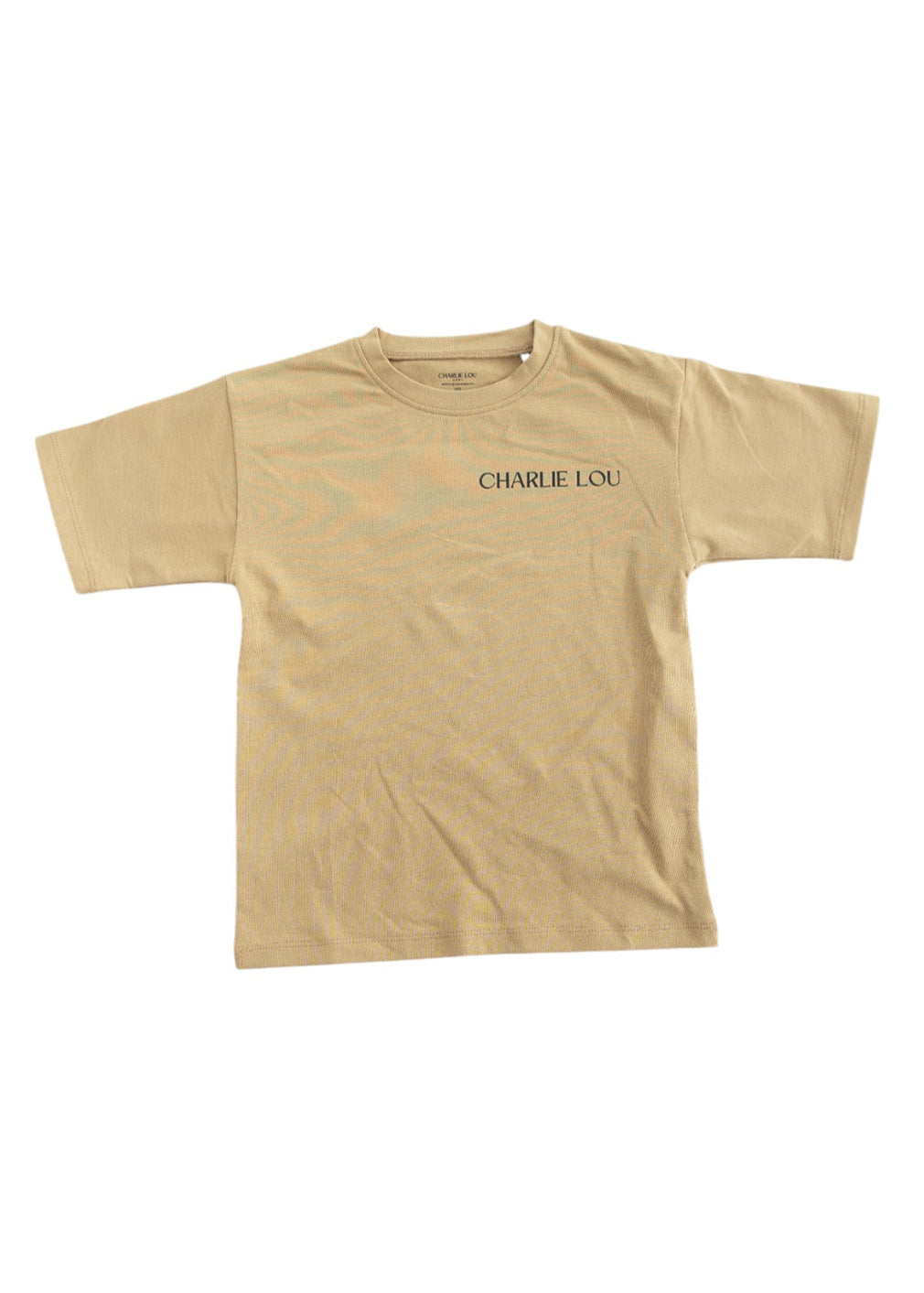 Skater style t-shirt for baby, toddler and little boys. Beige cotton shirt with a truck and palm tree graphic on the back. Soft, stretchy and thick fabric that is perfect for play with Charlie Lou Baby word logo on front.