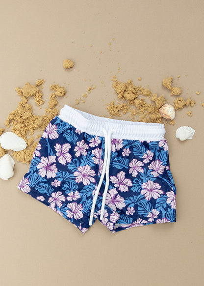 Floral boy's swim shorts with adjustable waistband. Baby, toddler and little boy swim trunks. Matching sibling swim.