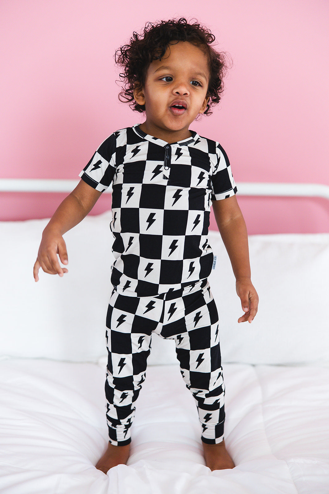 Checkered lightning bamboo two piece pajama set for babies and toddlers, both boys and girls.