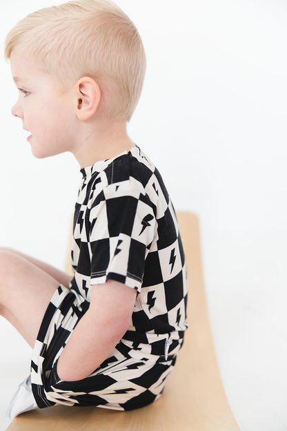 Checkered lightning black and white bamboo shorts and shirt set for babies and toddlers, both boys and girls.