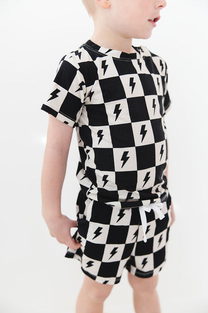 Checkered lightning black and white bamboo shorts and shirt set for babies and toddlers, both boys and girls.