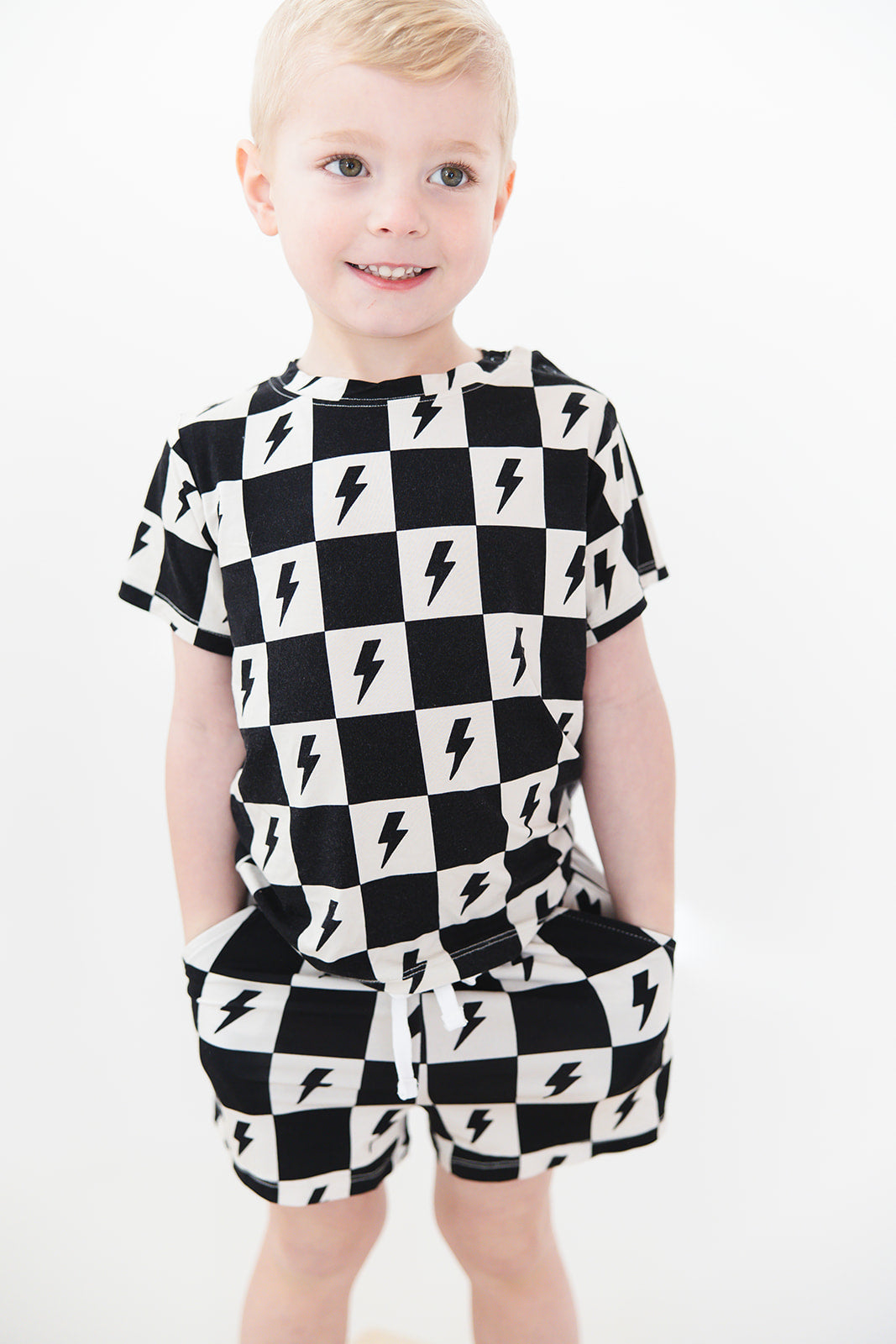 Checkered lightning black and white bamboo shorts and shirt set for babies and toddlers, both boys and girls.