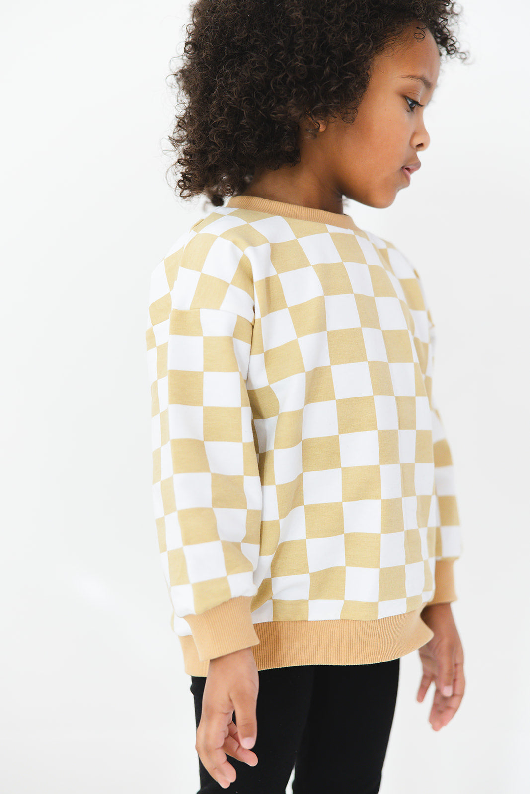 Yellow checkered organic cotton sweater for baby and toddler boys and girls.