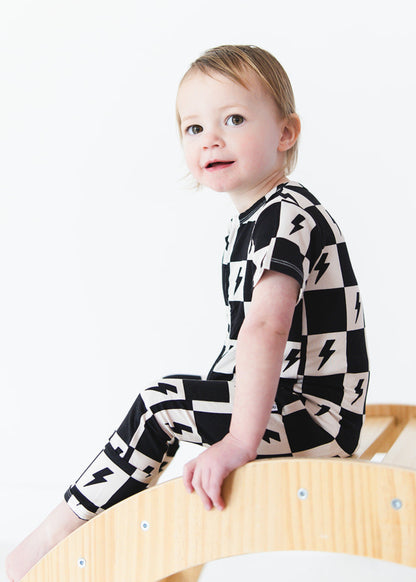 Checkered lightning bamboo short sleeve zipper romper for babies and toddlers, both boys and girls.