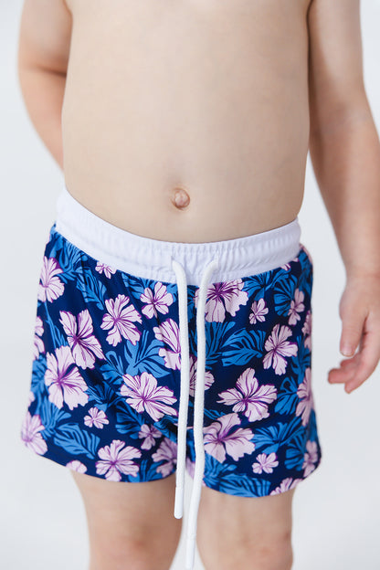 Floral boy's swim shorts with adjustable waistband. Baby, toddler and little boy swim trunks. Matching sibling swim.