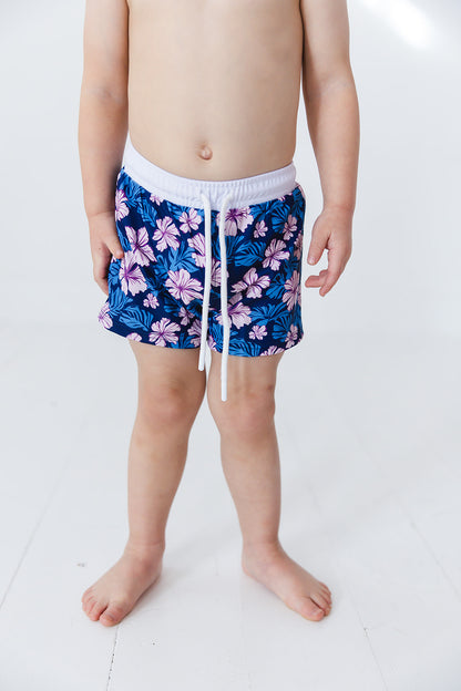 Floral boy's swim shorts with adjustable waistband. Baby, toddler and little boy swim trunks. Matching sibling swim.