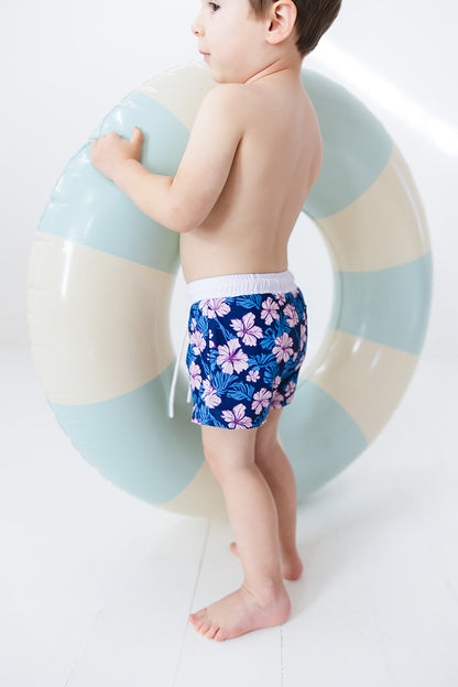 Floral boy's swim shorts with adjustable waistband. Baby, toddler and little boy swim trunks. Matching sibling swim.