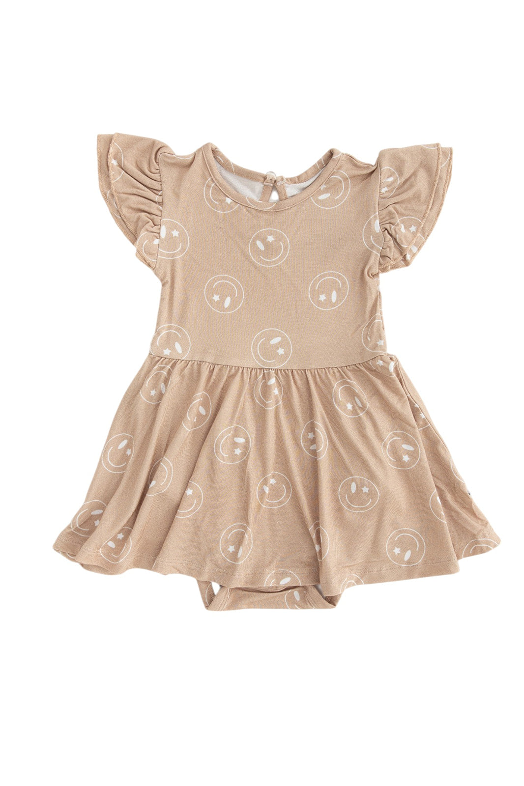 Girl bamboo twirl dress for baby girls or toddler girls in Smiley Face Star print with bodysuit.