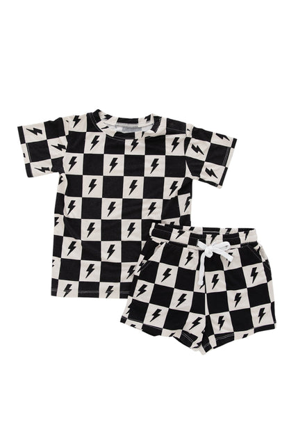 Checkered lightning black and white bamboo shorts and shirt set for babies and toddlers, both boys and girls.