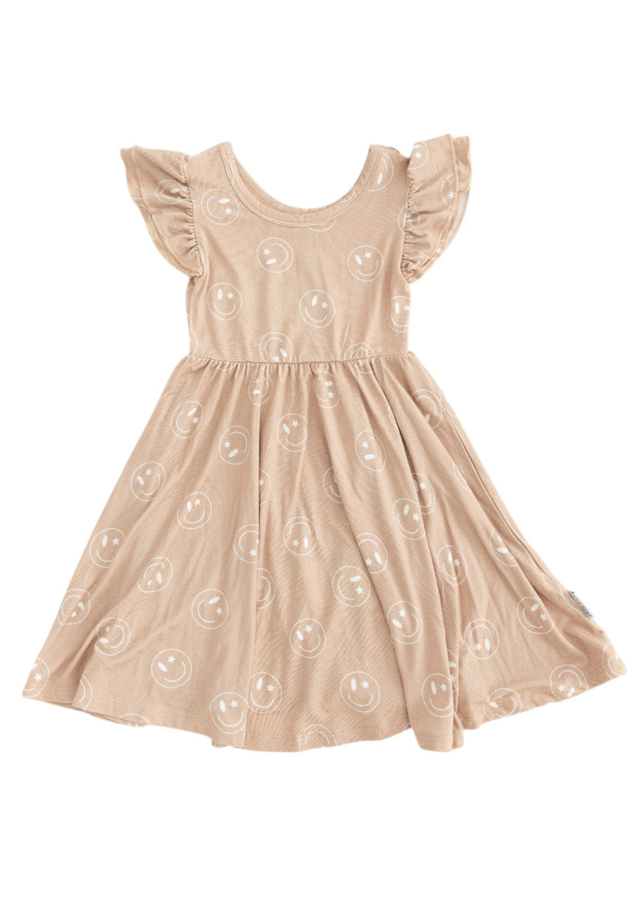 Girl bamboo twirl dress for baby girls or toddler girls in Smiley Face Star print with bodysuit.