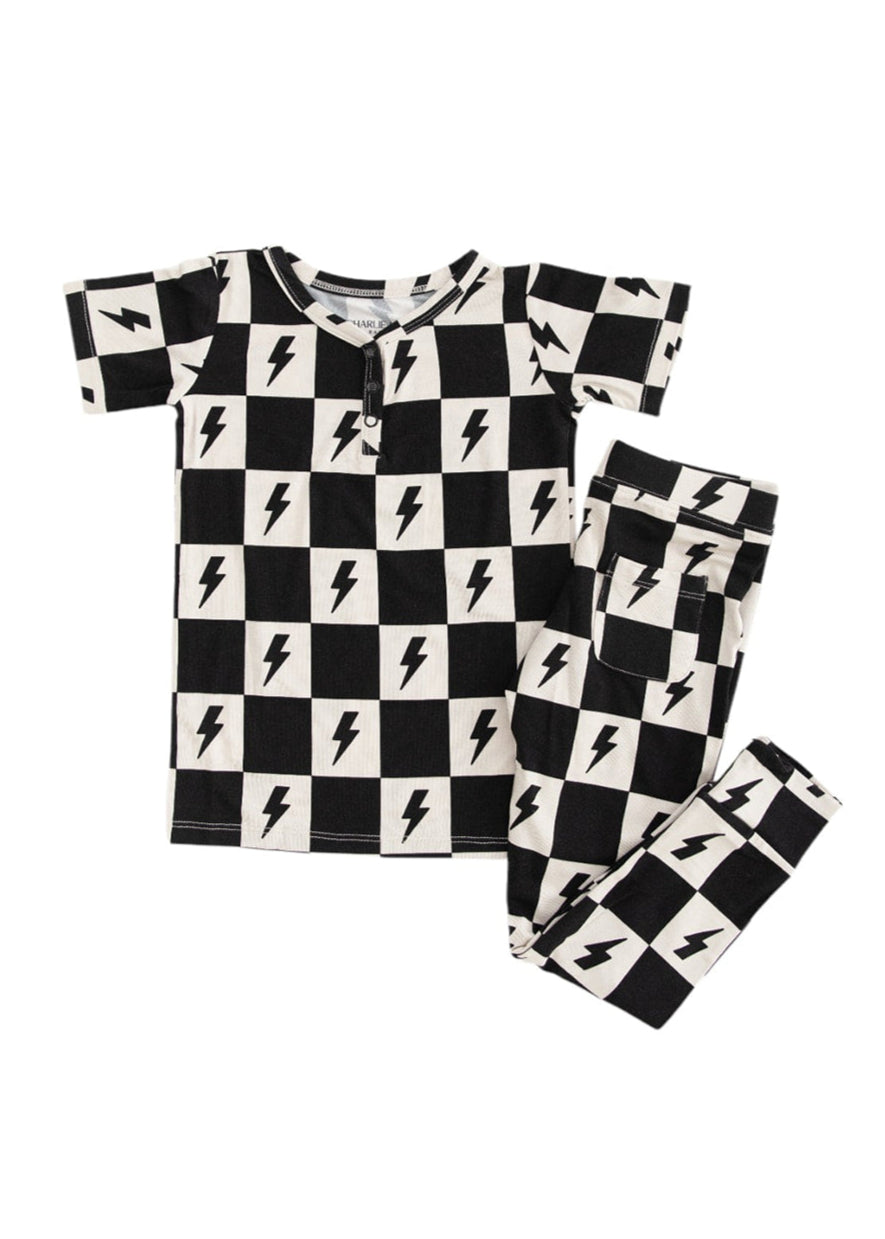 Checkered lightning bamboo two piece pajama set for babies and toddlers, both boys and girls.