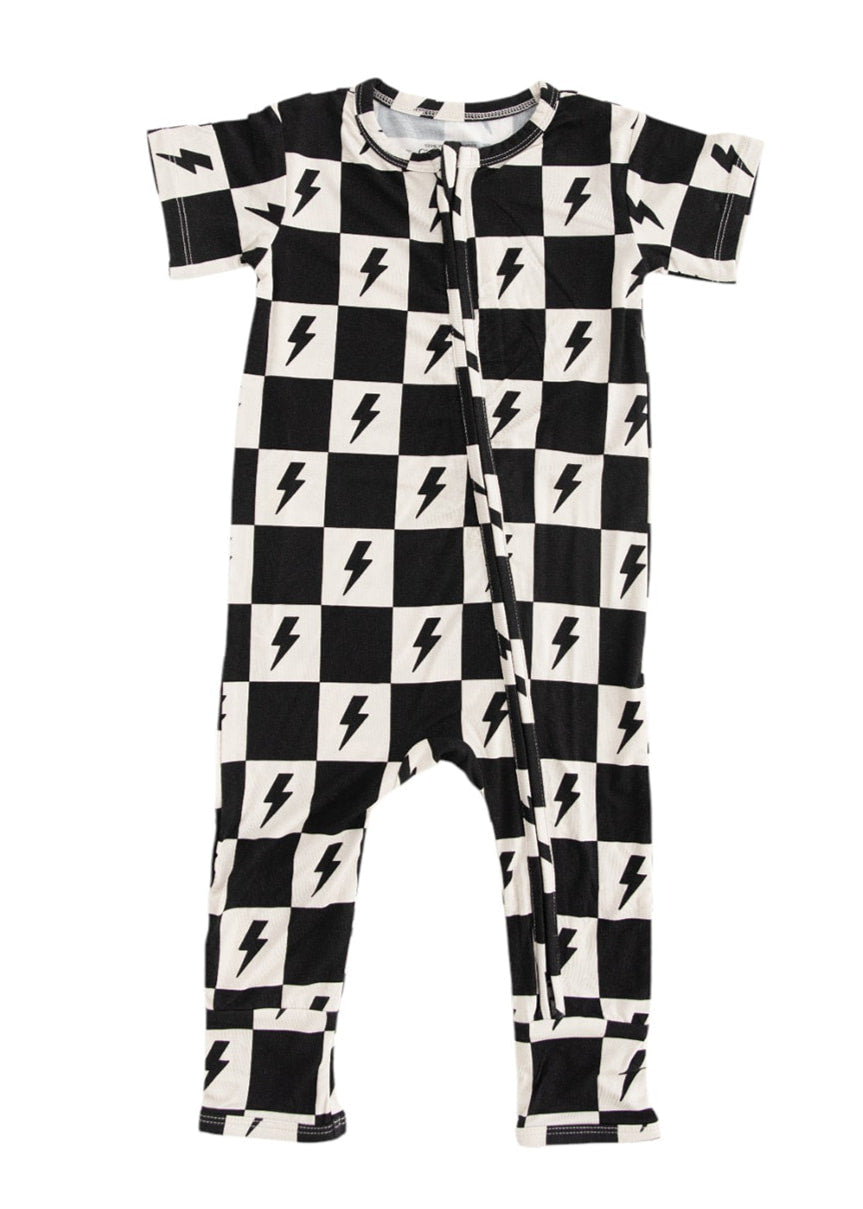 Checkered lightning bamboo short sleeve zipper romper for babies and toddlers, both boys and girls.