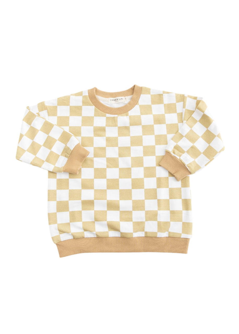 Yellow checkered organic cotton sweater for baby and toddler boys and girls.