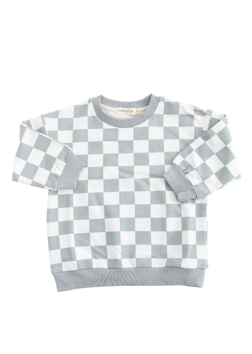 Blue checkered organic cotton sweater for baby and toddler boys and girls.