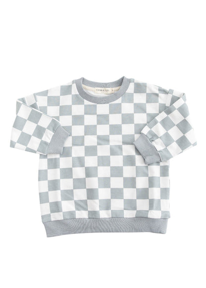 Blue checkered organic cotton sweater for baby and toddler boys and girls.