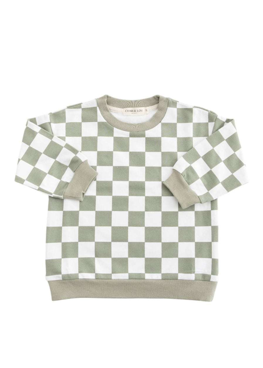 Green checkered organic cotton sweater for baby and toddler boys and girls.