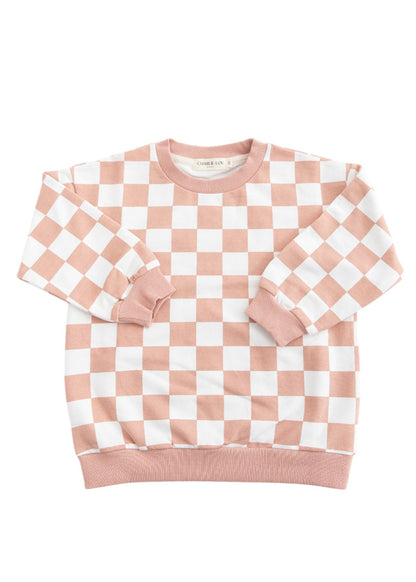 Pink checkered organic cotton sweater for babies and toddlers, both boys and girls.