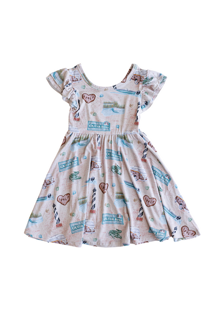 Gender neutral bamboo twirl dress for baby girls or toddler girls in Outer Banks OBX print with bodysuit.