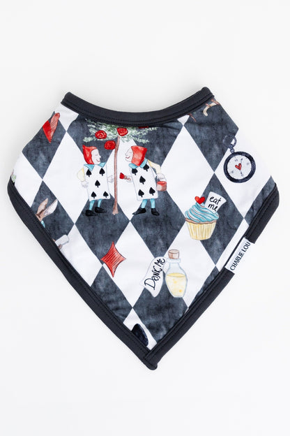 Vintage Alice in Wonderland bamboo snap bib for baby boys and girls. Gender neutral bib filled with terry cloth in Disney print.