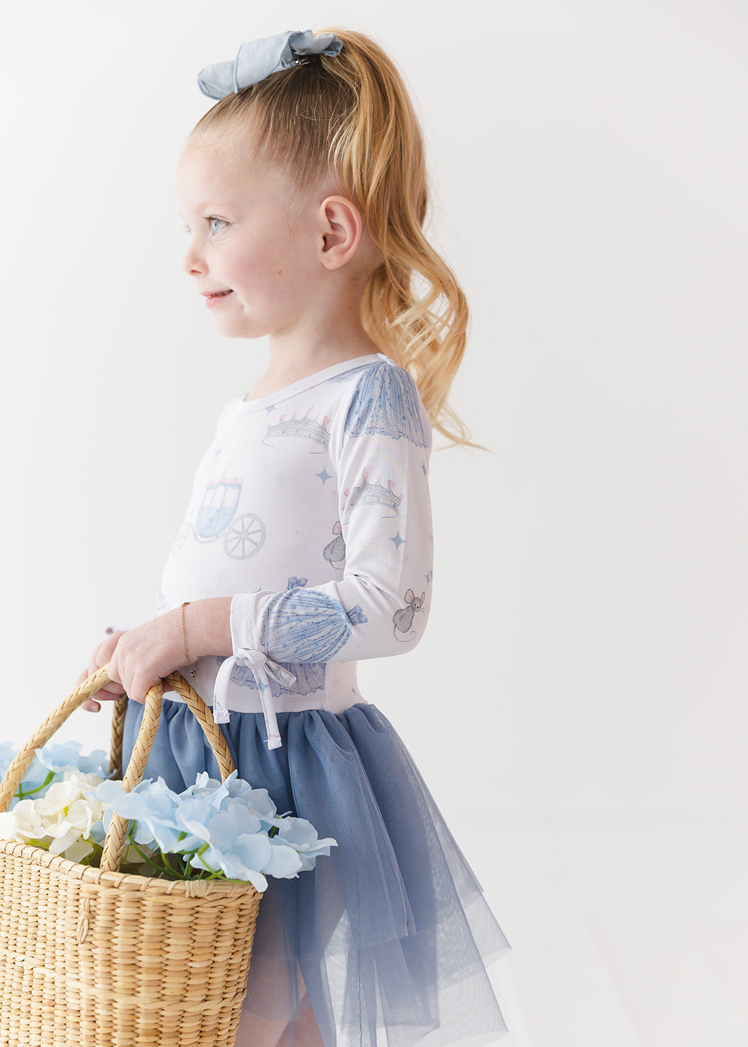 Bamboo tulle dress with bodysuit underneath. Print is vintage Disney Cinderella.