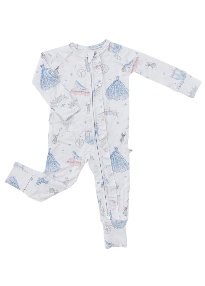 Bamboo convertible double zipper romper with hand and foot cuffs. Zippy has a vintage Disney Cinderella print on it.