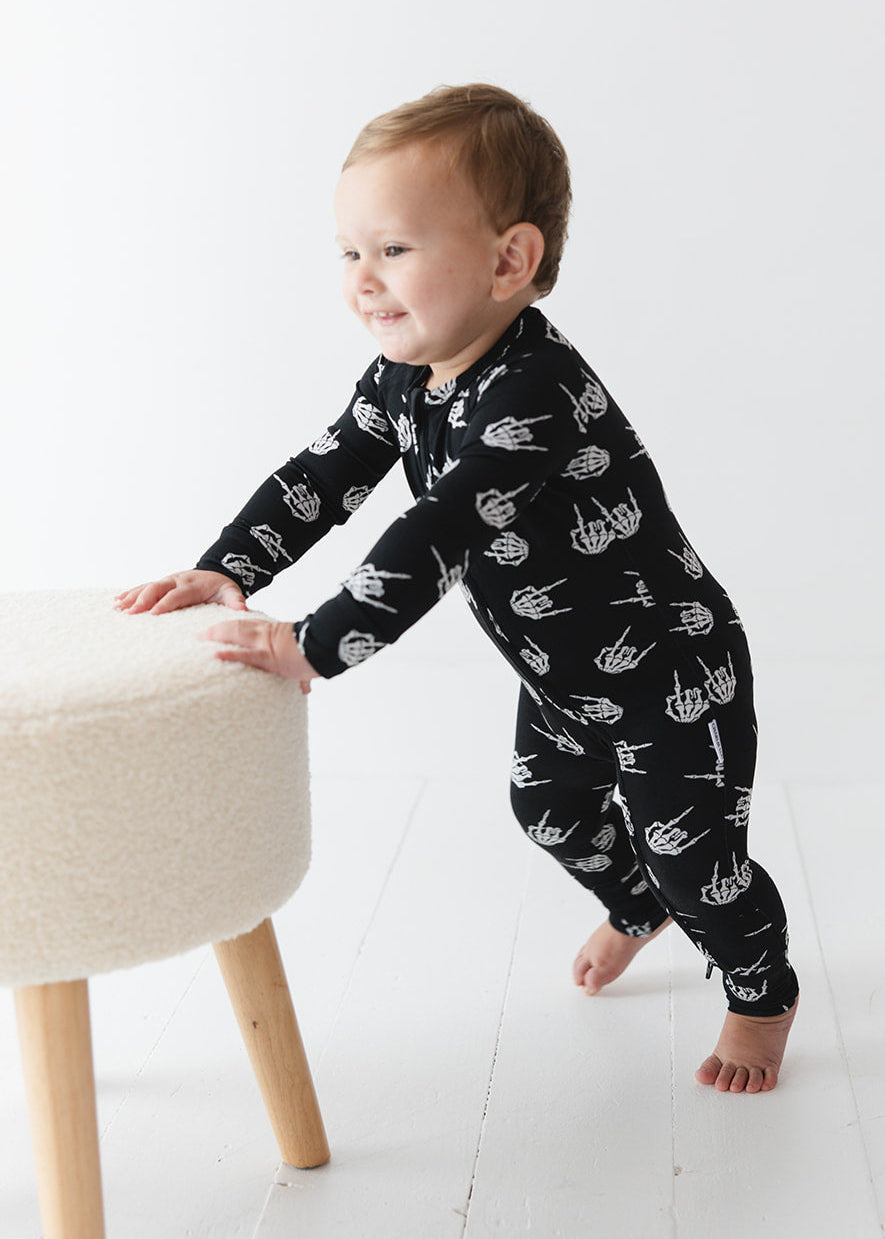 Rock N' Roll Skeleton bamboo zippy convertible romper.