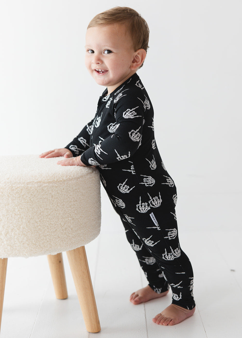 Rock N' Roll Skeleton bamboo zippy convertible romper.