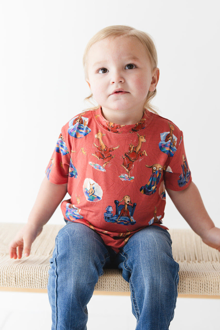 Bamboo T-Shirt for babies and toddlers, both boys and girls. Print features a red background with Llama Llama Red Pajama.
