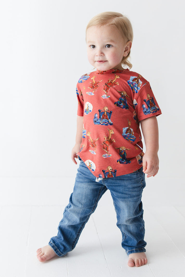 Bamboo T-Shirt for babies and toddlers, both boys and girls. Print features a red background with Llama Llama Red Pajama.