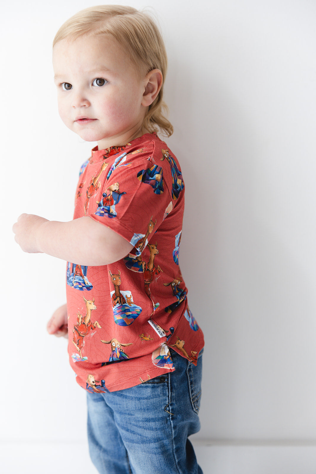Bamboo T-Shirt for babies and toddlers, both boys and girls. Print features a red background with Llama Llama Red Pajama.
