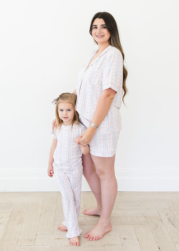 Vintage and dainty floral bow bamboo notch collar women's pajama set. Matching mommy and me.