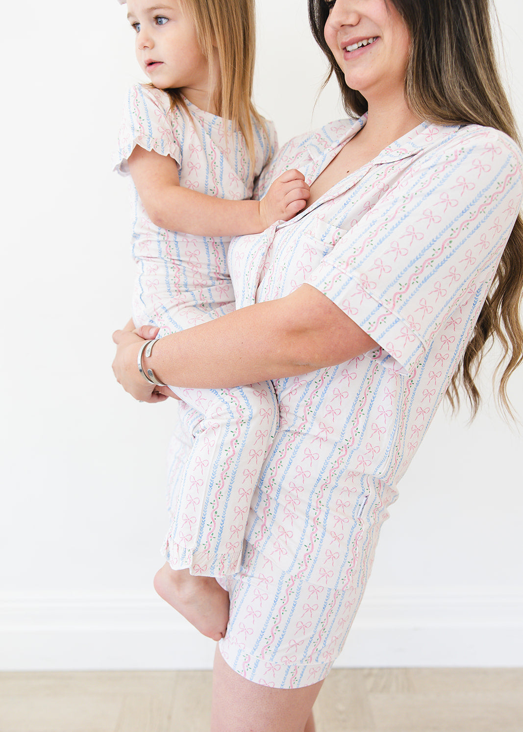 Vintage and dainty floral bow bamboo notch collar women's pajama set. Matching mommy and me.