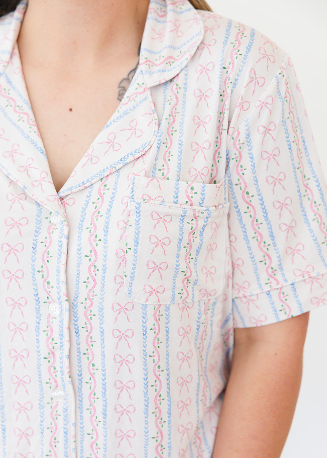 Vintage and dainty floral bow bamboo notch collar women's pajama set. Matching mommy and me.