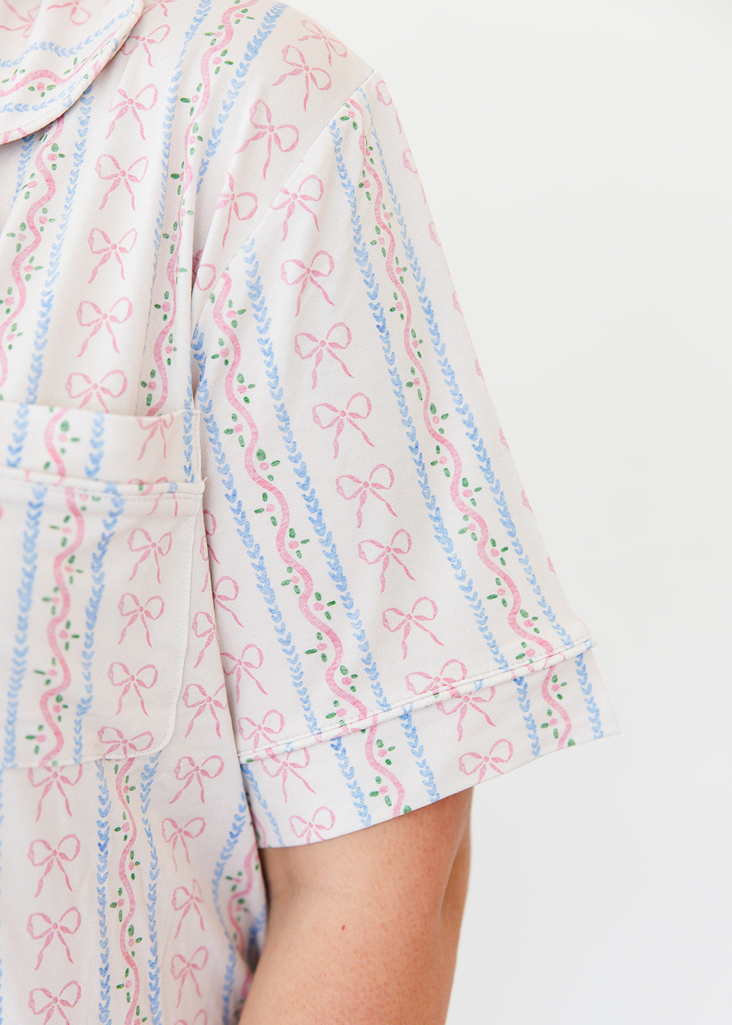 Vintage and dainty floral bow bamboo notch collar women's pajama set. Matching mommy and me.