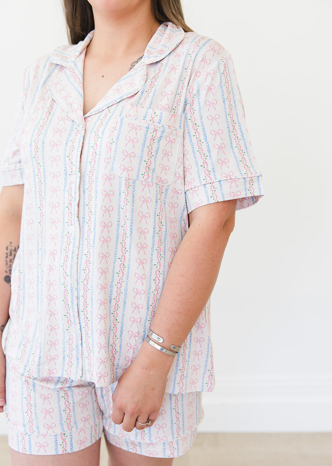 Vintage and dainty floral bow bamboo notch collar women's pajama set. Matching mommy and me.