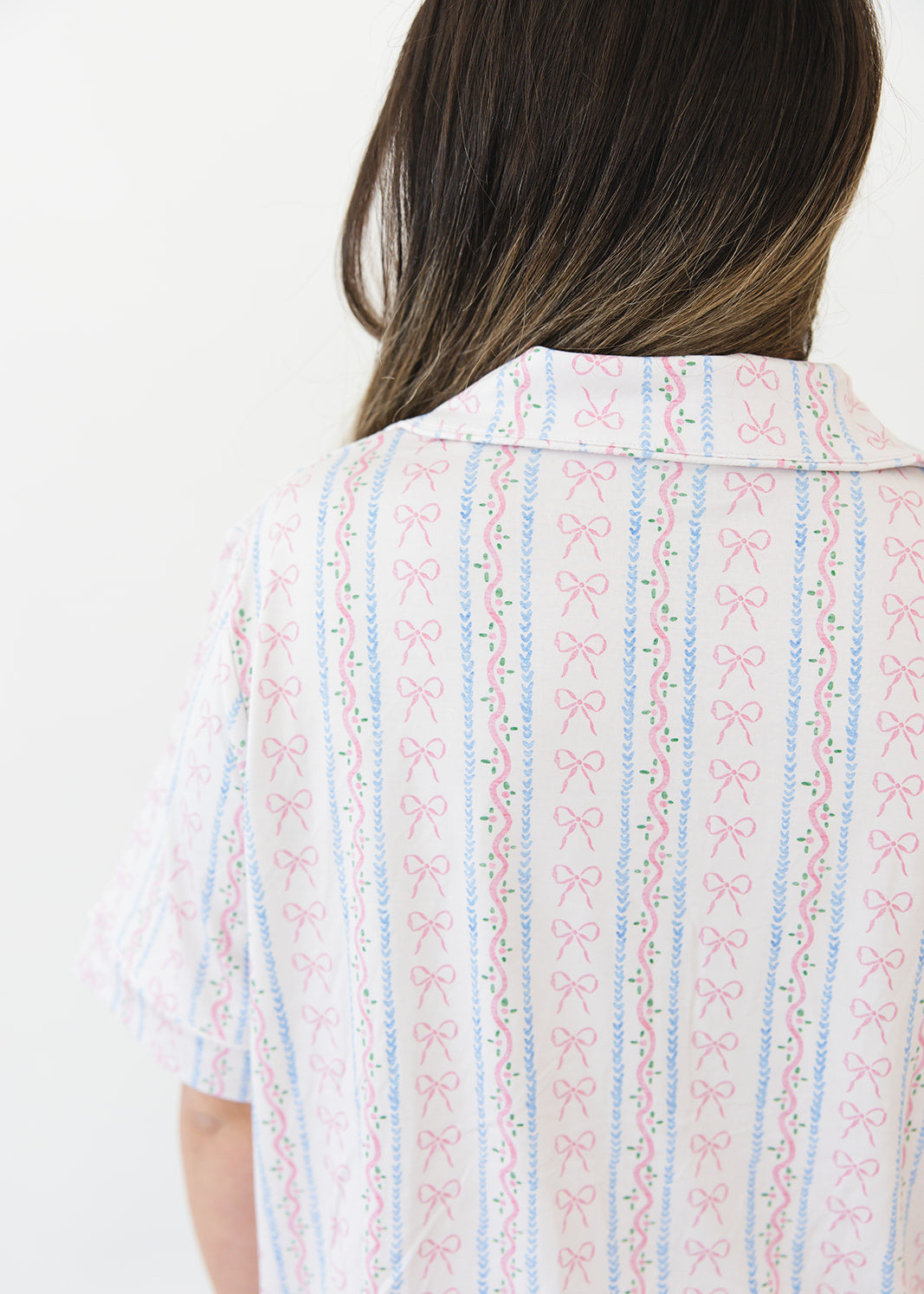 Vintage and dainty floral bow bamboo notch collar women's pajama set. Matching mommy and me.