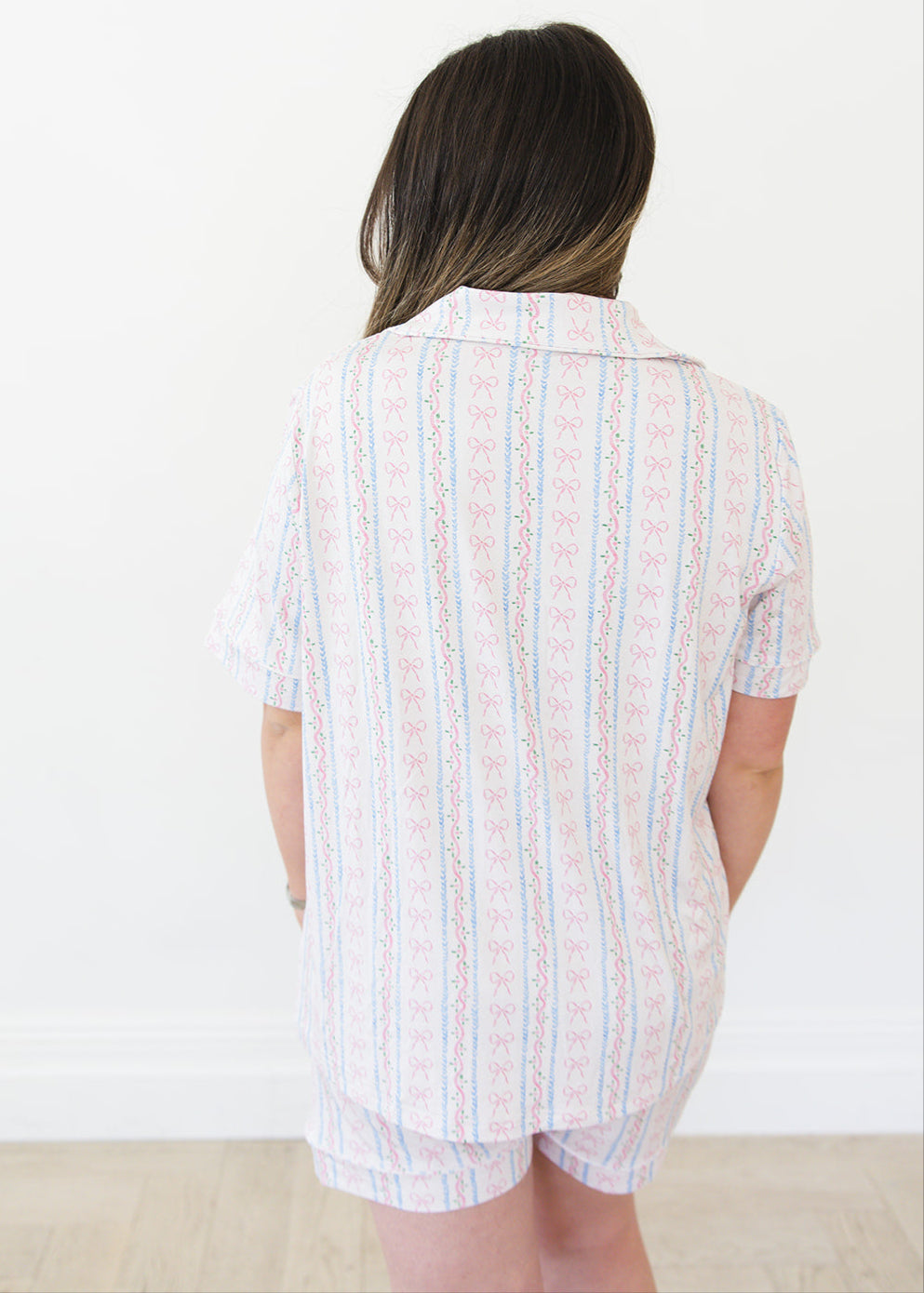 Vintage and dainty floral bow bamboo notch collar women's pajama set. Matching mommy and me.