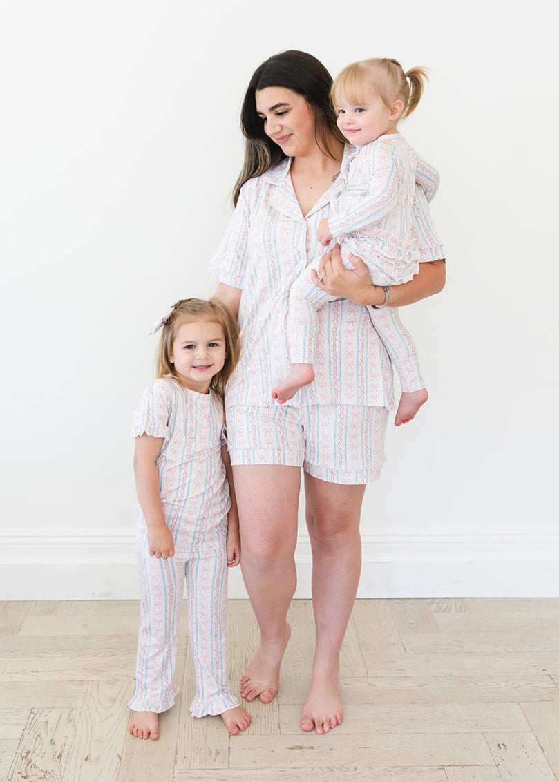 Vintage and dainty floral bow bamboo notch collar women's pajama set. Matching mommy and me.