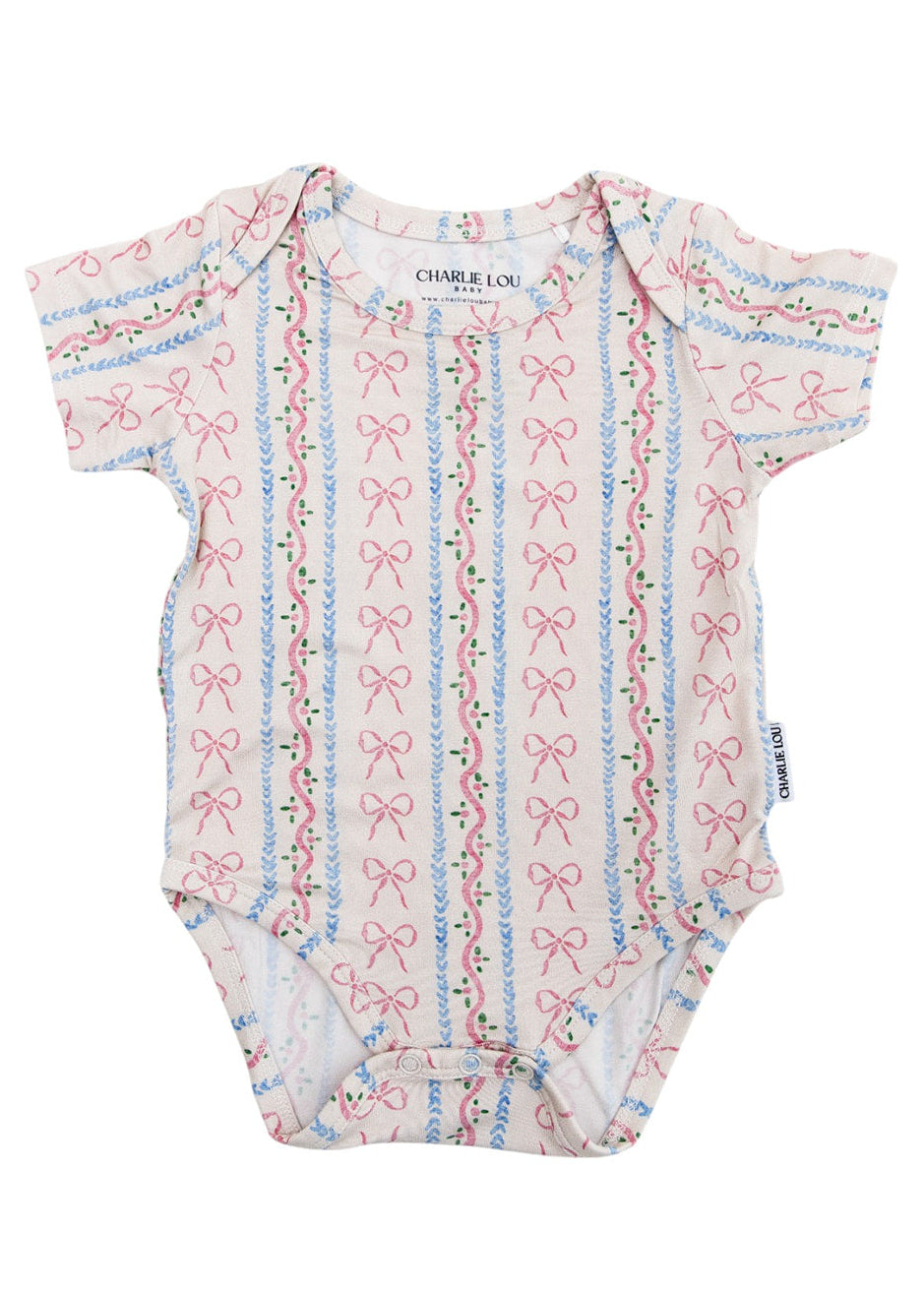 Vintage and dainty floral bow bamboo bodysuit for baby girls.