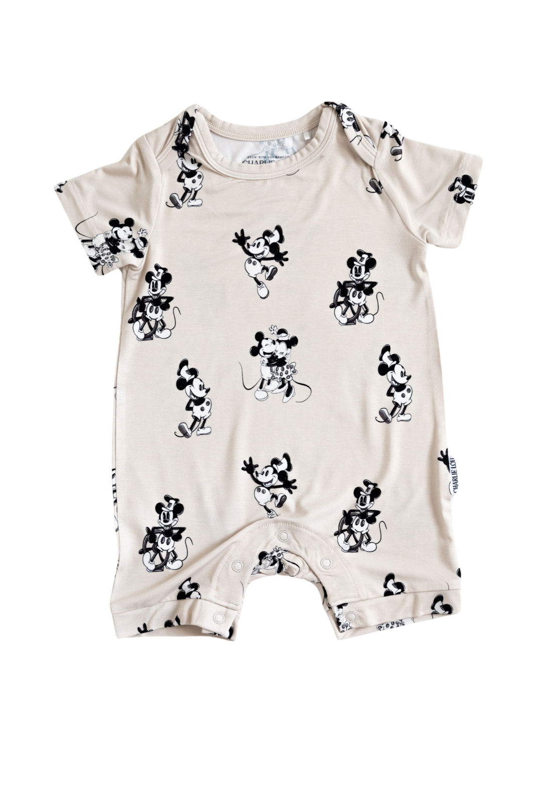 Minnie and Mickey Mouse Disney Bamboo Shortie Romper for toddler and baby boys and girls.