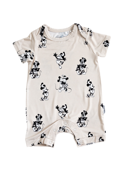 Minnie and Mickey Mouse Disney Bamboo Shortie Romper for toddler and baby boys and girls.