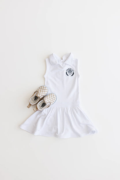 Baby girls and toddler girls white tennis dress made from bamboo with bodysuit underneath.