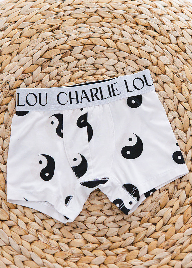 Soft bamboo boxer briefs for baby and toddler and little boys. Featuring Yin & Yang print. 