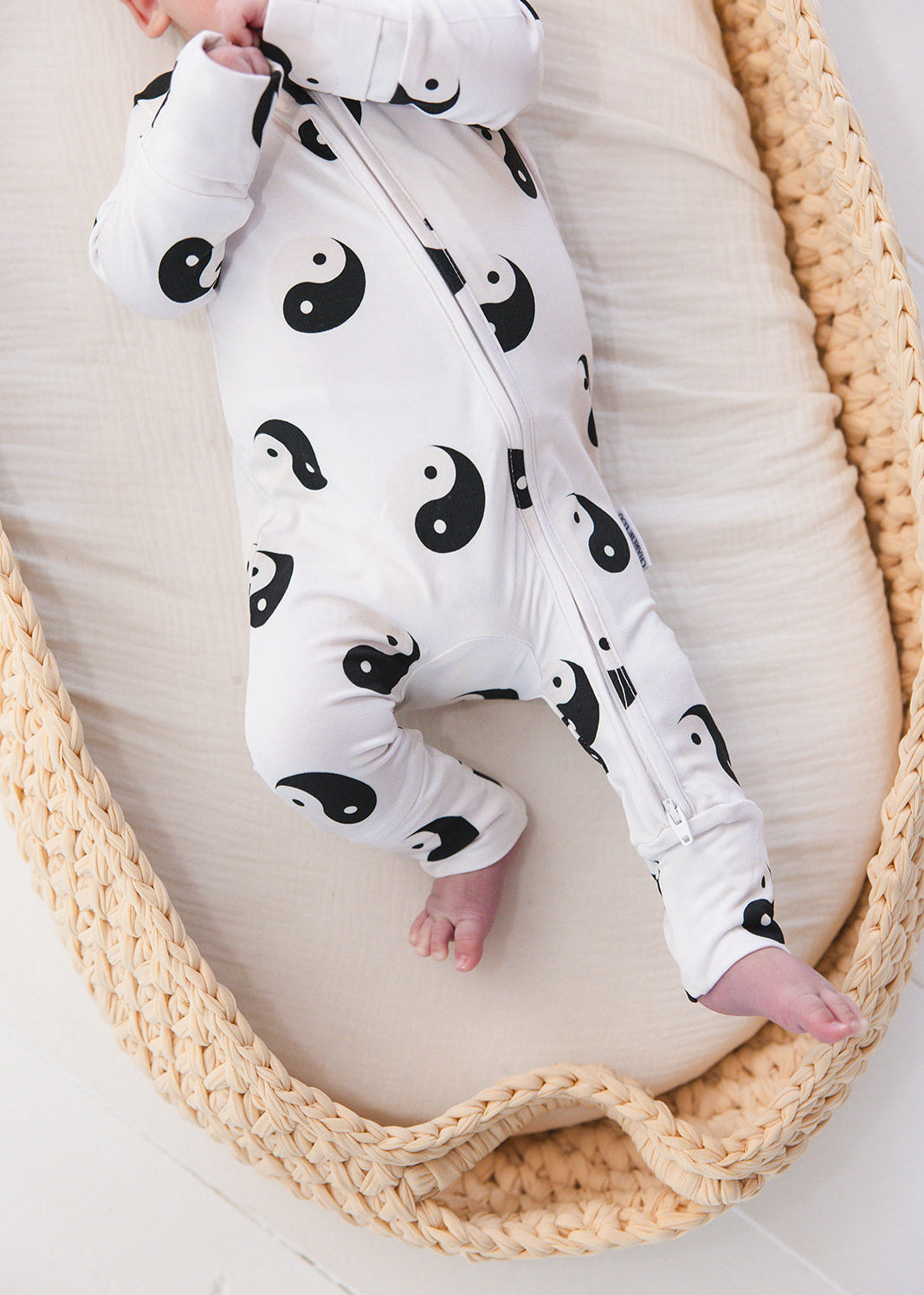Bamboo convertible romper zippy with yin and yang print.