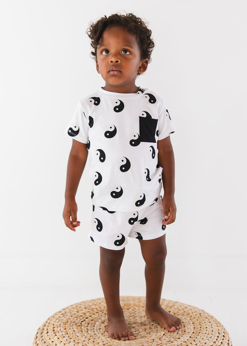 Bamboo shorts and t-shirt set with adjustable drawstring and pockets featuring a yin & yang print for baby, toddler and little boys.