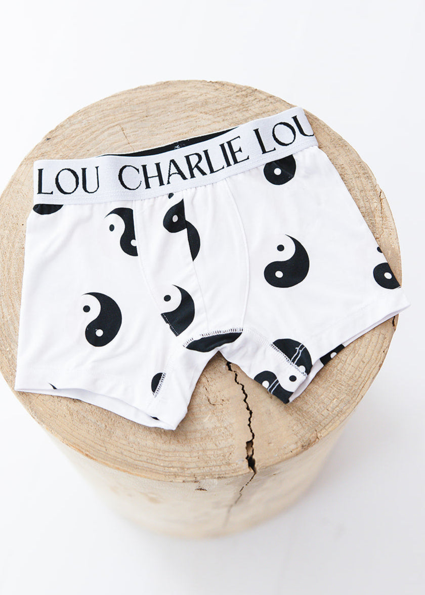Soft bamboo boxer briefs for baby and toddler and little boys. Featuring Yin & Yang print. 