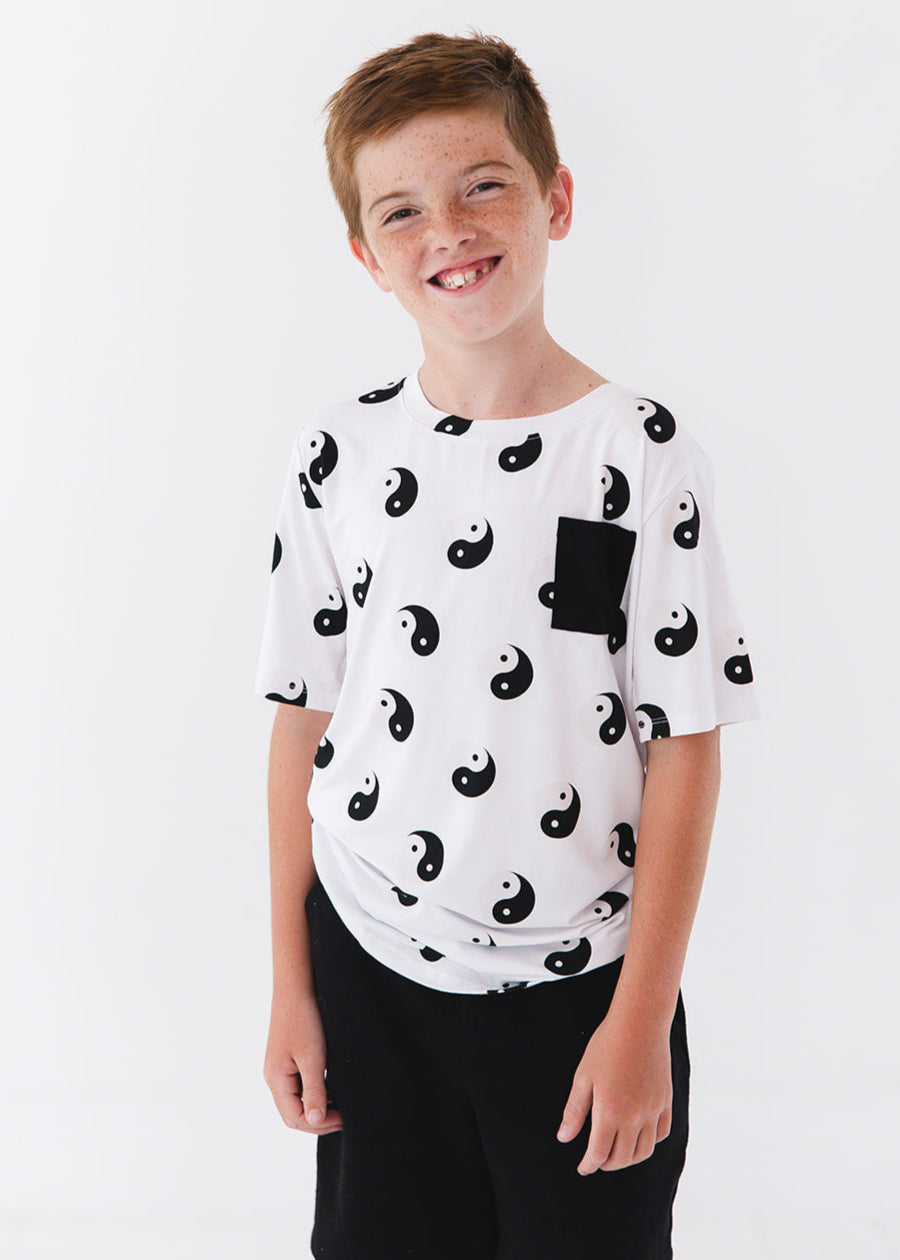 Bamboo t-shirt featuring a yin & yang print for baby, toddler and little boys.