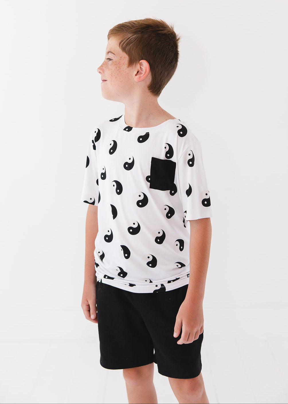 Bamboo t-shirt featuring a yin & yang print for baby, toddler and little boys.
