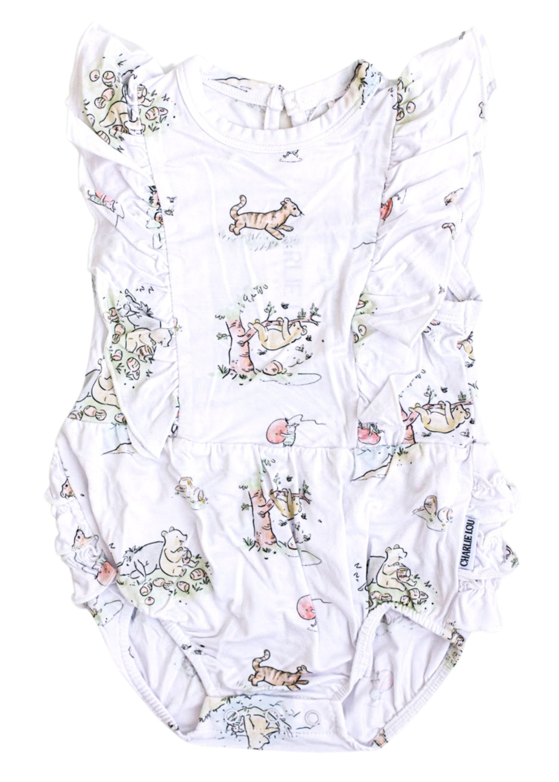 A white bamboo bodysuit with ruffles and character patterns featuring Winnie the Pooh.